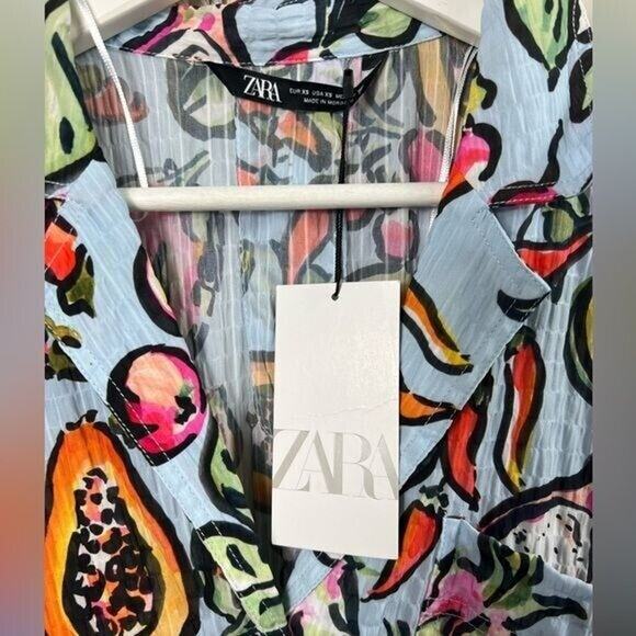 new Zara XS Button Down Causal Blouse Blue Fruit EXOTIC TROPICAL papaya avocado - Picture 2 of 3